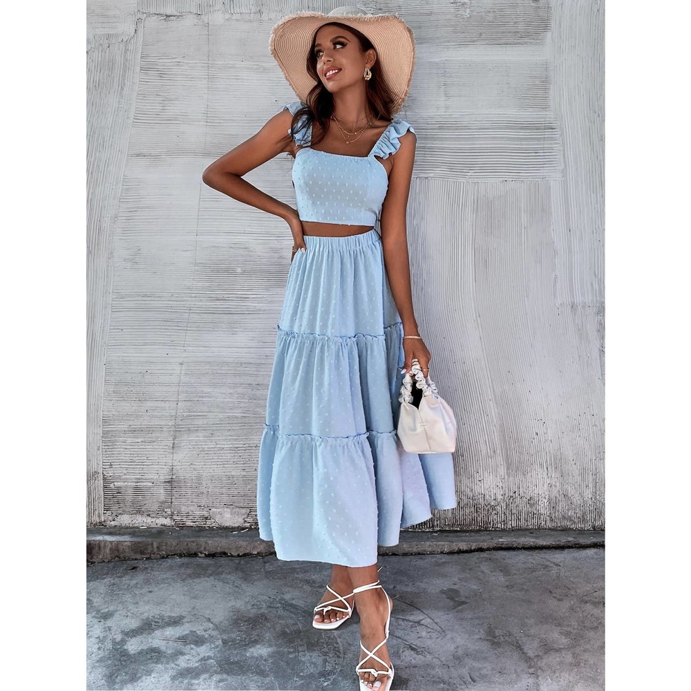 2 piece set: crop top & maxi skirt Swiss Dot Ruffle Trim Top Ruffle Hem blue